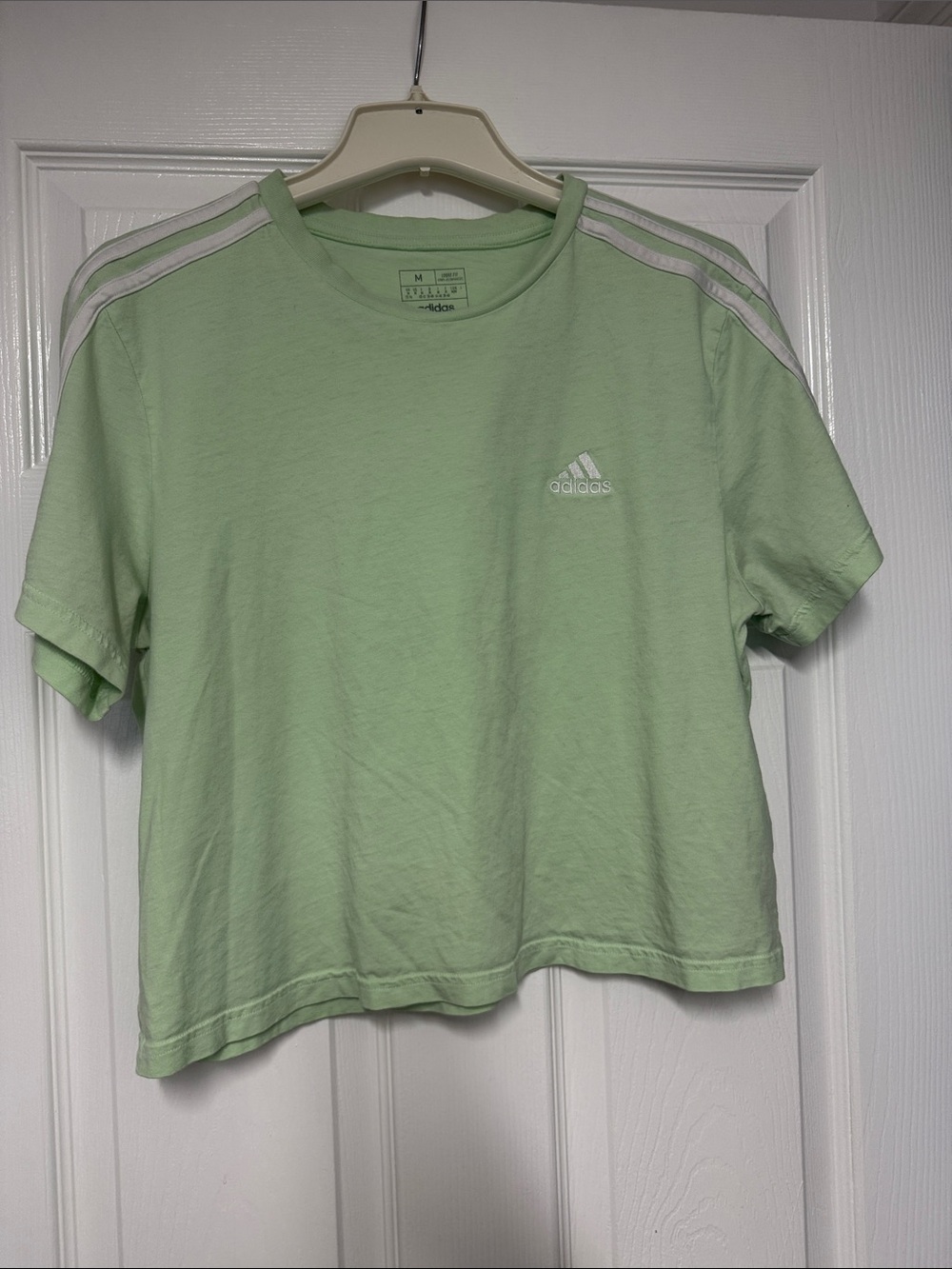 adidas Mint Green Cropped Tee with White Shoulder Stripes